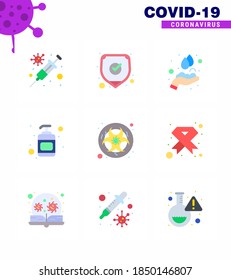 9 Paquete de iconos de corona de virus de color plano como el laboratorio; bio; cuidado de las manos; sanitizador; enfermedad coronavirus viral lotion 2019-nov Elementos de diseño de vectores