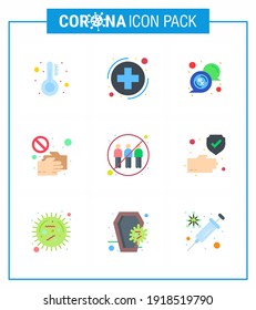 9 Flat Color viral Virus corona icon pack such as  touch; pandemic; bubble; no; covid viral coronavirus 2019-nov disease Vector Design Elements