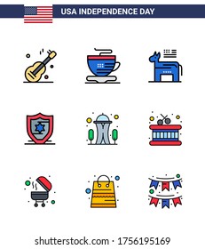9 Flat Filled Line Signs for USA Independence Day space; landmark; american; building; protection Editable USA Day Vector Design Elements