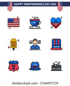 9 carteles de línea llenos planos para la gorra del Día de la Independencia de Estados Unidos; marca; amor; americano; elementos de diseño de vectores para el Día USA editable con helados