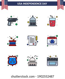 9 carteles de línea llenos planos para el periódico del Día de la Independencia de Estados Unidos; independencia; alcohol; vacaciones; elementos de diseño de vectores de día editables para USA Day