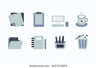 9 flat office and stationery icons in minimalist style, including folder, document, clipboard, computer, pen holder, and coffee cup.