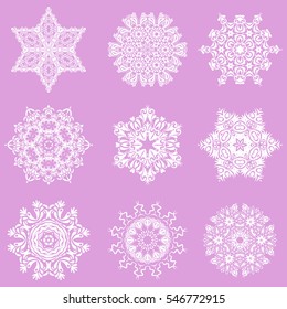 9 flat snowflake icons collection. Decorative snowflakes set. Vector illustration. Vector sketch on a neutral background for Christmas.
