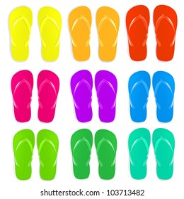 9 Flip Flops Set, Isolated On White Background, Vector Illustration