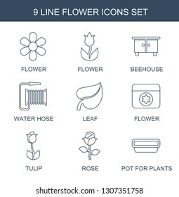 9 flower icons. Trendy flower icons white background. Included line icons such as beehouse, water hose, leaf, tulip, rose, pot for plants. flower icon for web and mobile.
