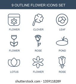 9 flower icons. Trendy flower icons white background. Included outline icons such as clover, leaf, rose, pond, lotus. flower icon for web and mobile.