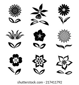 9 Flower set. Black silhouettes on white background.  Isolated symbols of flowers and leaves. Vector