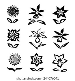 9 Flower set. Black silhouettes on white background.  Isolated symbols of flowers and leaves. Vector