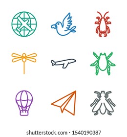 9 fly icons. Trendy fly icons white background. Included outline icons such as paper airplane, air balloon, beetle, plane, dragonfly, love bird. fly icon for web and mobile.