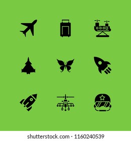 9 fly icons in vector set. military airplane bottom view, pilot, rocket and suitcase illustration for web and graphic design