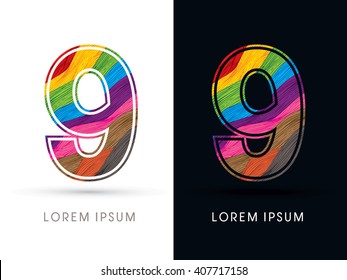 9 Font , colorful wave, designed using colorful grunge brush graphic vector
