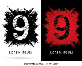 9 ,Font , Designed using grunge brush on scratch background, graphic vector.