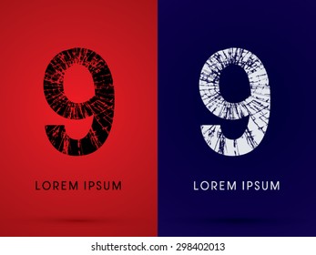 9 ,Font , destroy, broken mirror,  broken glass, graphic vector.