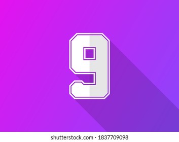 9 número de fuente, diseño dinámico moderno con sombra larga sobre fondo de gradiente morado. Para logotipo, etiqueta de marca, elementos de diseño, aplicación y más. Ilustración del vector