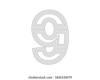 9 vector de número de fuente.  Letra de línea delgada y paralela estilizada condensada. Diseño de tipografía, monocromo delgado. Soldado sobre fondo blanco
