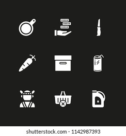 9 food icon set with chips, shopping basket and soda vector illustration for graphic design and web