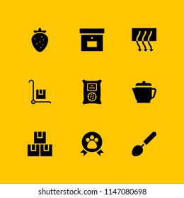 9 food icon set with strawberry, package and tools and utensils vector illustration for graphic design and web