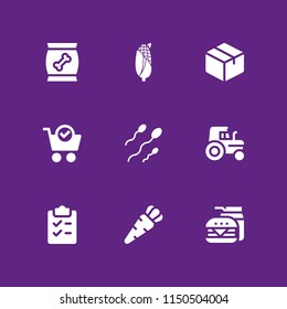 9 food icons in vector set. spermatozoon, food and restaurant, tractor and shopping list illustration for web and graphic design