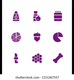 9 food icons in vector set. honey, pie cart, knife and snack illustration for web and graphic design