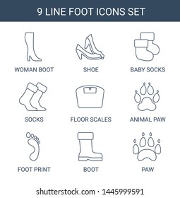 9 foot icons. Trendy foot icons white background. Included line icons such as woman boot, shoe, baby socks, socks, floor scales, animal paw, foot print. icon for web and mobile.