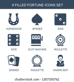 9 fortune icons. Trendy fortune icons white background. Included filled icons such as horseshoe, Spades, Dice, Slot machine, Roulette, Casino boy. fortune icon for web and mobile.