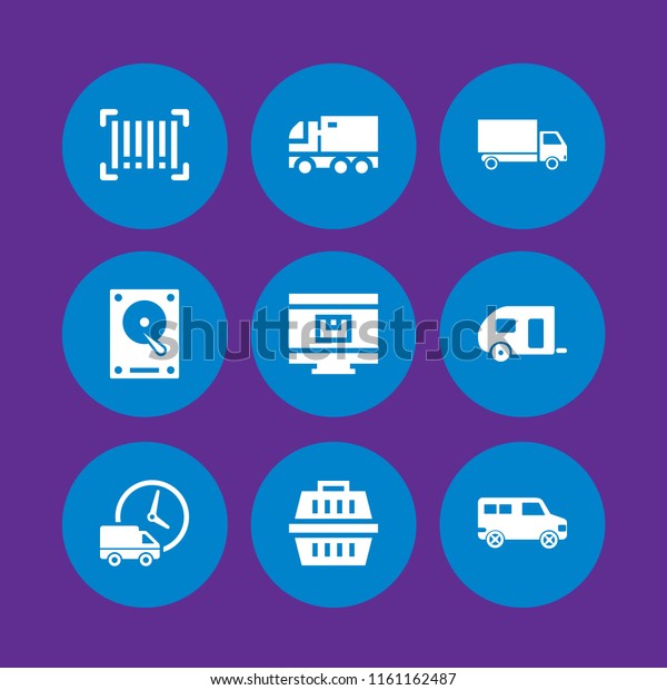 9 freight icons in vector set. delivery truck,\
logistics delivery truck and clock, van and barcode illustration\
for web and graphic design