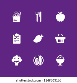 9 fruit icons in vector set. mango, dessert, food and shopping basket illustration for web and graphic design