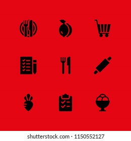 9 fruit icons in vector set. lunch, trolley, shopping list and vegetarian illustration for web and graphic design