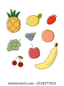 9 fruit set. Pineapple, lemon, strawberry, grape, blueberry, orange, apple, banana, cherry. Healthcare, natural, lifestyle concepts. Hand drawn vector design isolated illustration on white background.