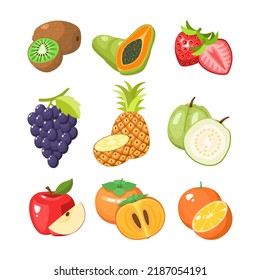 9 fruits collection guava, papaya, strawberry, grape, pineapple, persimmon, apple, orange, and kiwi on white background. Vector illustration flat cartoon design.