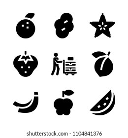 9 Fruits icons vector set. slice, shiny, half and gardener illustration for web.