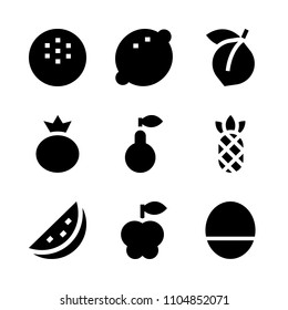 9 Fruits icons vector set. diet food, bilberry, south and pink illustration for web.