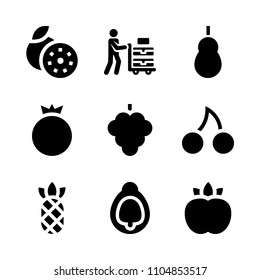 9 Fruits icons vector set. vitamin, tasty, design and golden illustration for web.