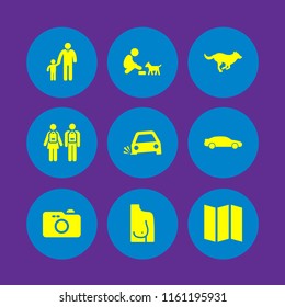 9 fun icons in vector set. trip, camera, dog and father and son illustration for web and graphic design