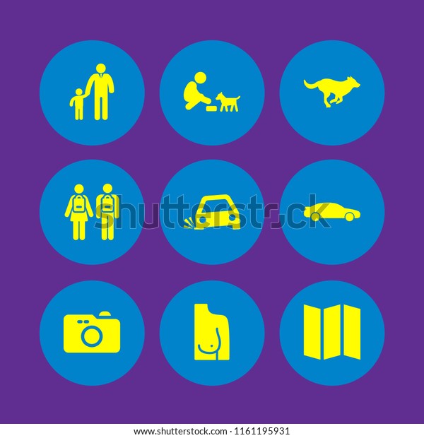 9 fun icons in\
vector set. trip, camera, dog and father and son illustration for\
web and graphic design