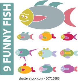 9 funny cartoon fish. vector