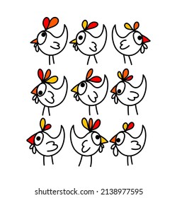 9 funny chickens looking around
