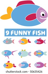 9 funny fish. vector