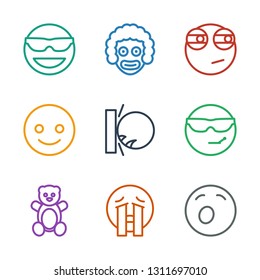 9 funny icons. Trendy funny icons white background. Included outline icons such as yawn emot, crying emoji, teddy bear, cool emot in sunglasses. funny icon for web and mobile.