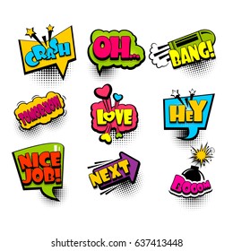 9 Funny set comic book cartoon text phrase crash, oh, bang, boom. Colored dialog box cloud. Abstract creative hand drawn vector colorful speech bubble. Balloon on halftone dot background pop art style