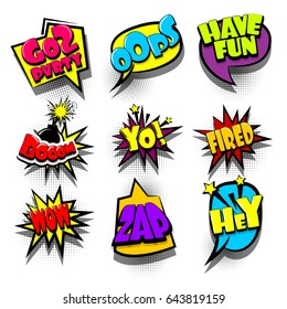 9 Funny set comic book cartoon text phrase oops, boom, fired, wow, hey. Colored dialog box cloud. Abstract creative vector colorful speech bubble. Balloon on halftone dot background pop art style.