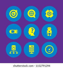 9 future icons in vector set. human head with a question mark inside, speed, vehicle and goal illustration for web and graphic design