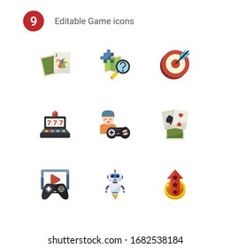 9 game flat icons set isolated on . Icons set with Joker, quest, goal, slot machine, gamer, poker, Game streaming, AI Robot, level up icons.