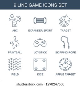 9 game icons. Trendy game icons white background. Included line icons such as ABC, expander sport, target, paintball, joystick, skipping rope, field. game icon for web and mobile.
