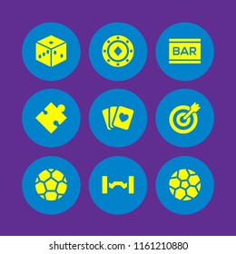 9 game icons in vector set. bar, ball, poker cards and diamond token illustration for web and graphic design