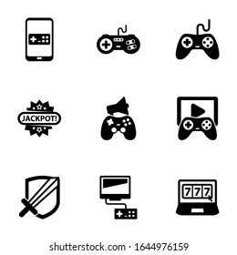 9 gaming filled icons set isolated on white background. Icons set with Mobile game, joystick, Gaming, Jackpot, In-game Advertising, Game streaming, RPG, Video games, online casino icons.