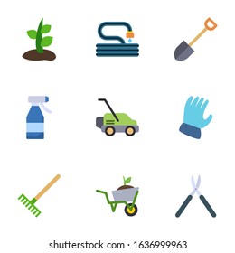 9 garden flat icons set isolated on white background. Icons set with Plant, Garden hose, Shovel, Spray bottle, Lawnmower, Garden gloves, Rake, services, Gardening scissors icons.