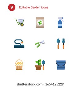 9 garden flat icons set isolated on . Icons set with wheelbarrow, fertilizer, Spray bottle, Garden hose, Garden pruner, Gardening tools, flower basket, Gardening, Bucket icons.
