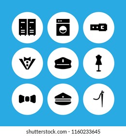 9 garment icons in vector set. store mannequin, bow tie, closet and belt illustration for web and graphic design
