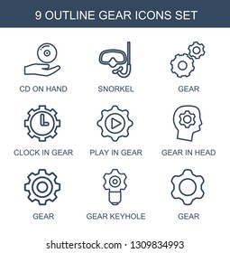 9 gear icons. Trendy gear icons white background. Included outline icons such as CD on hand, snorkel, clock in gear, play in in head. icon for web and mobile.